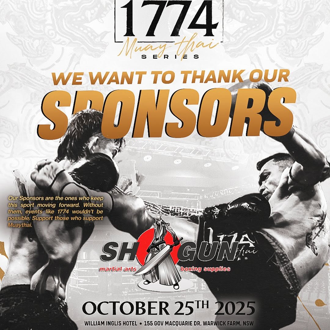 Advertisement for a Muay Thai event featuring two fighters in action, with '1774 Muay Thai' branding and sponsor logos.