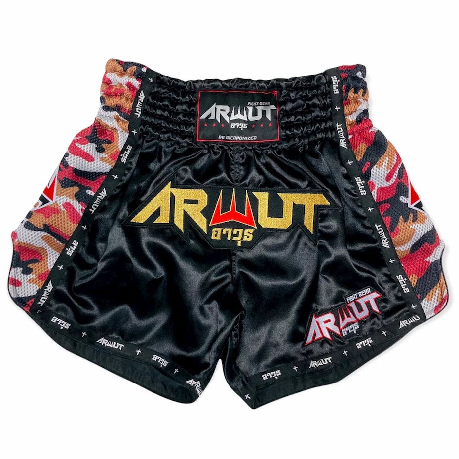 Black boxing shorts with colorful accents and 'ARWUT' branding on a white background