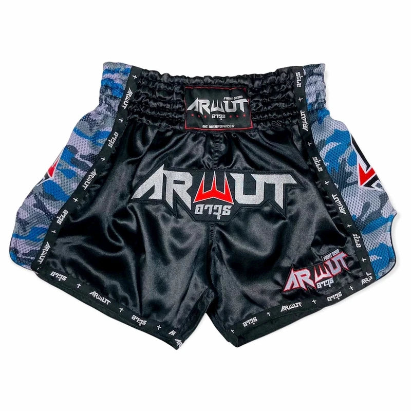 Black thai shorts with blue and red accents and 'Armit' branding on a white background