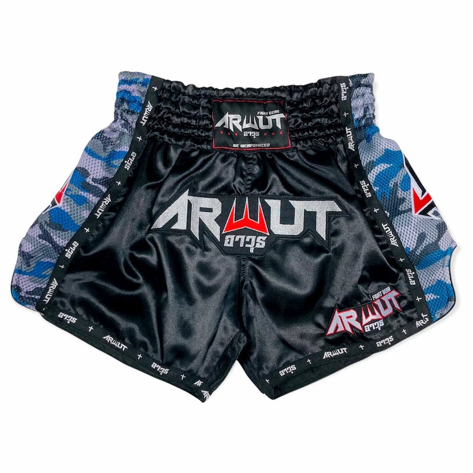 Black thai shorts with blue and red accents and 'Armit' branding on a white background