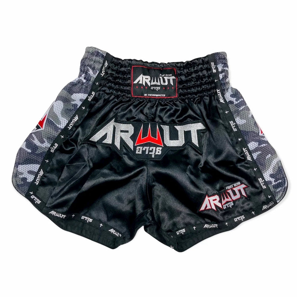 Black Muay Thai shorts with gray accents and Arwut branding on a white background