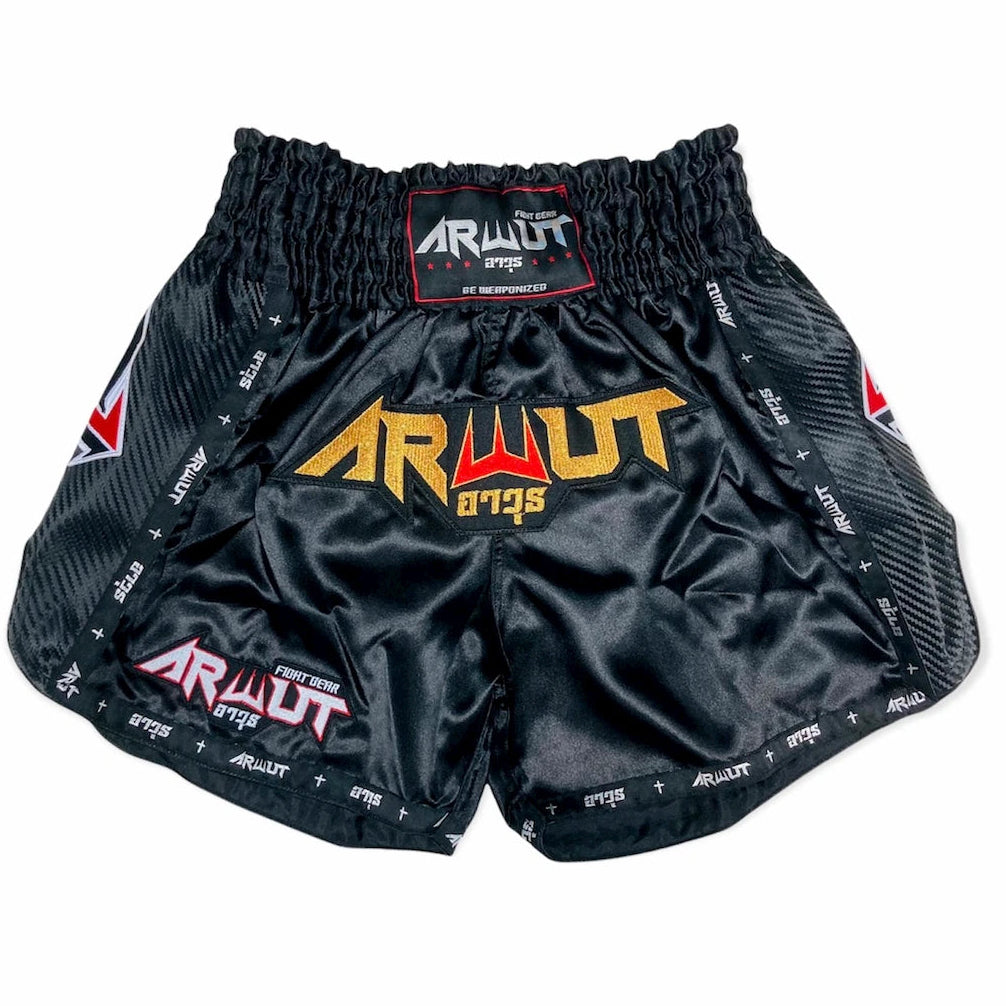 Black thai boxing shorts with 'Arwut' branding on a white background