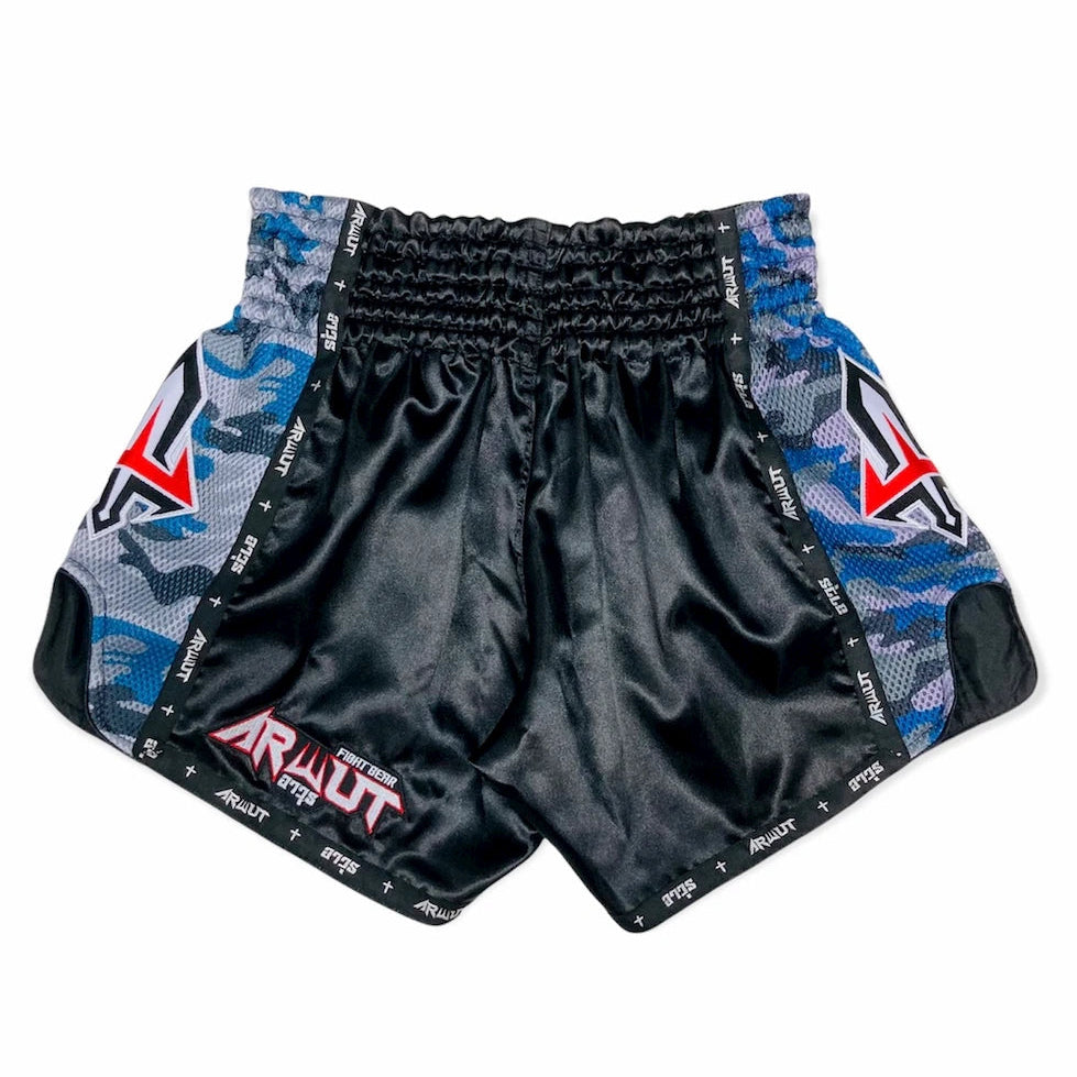 Black Thai shorts with blue and gray camouflage sides and Arwut branding on a white background.
