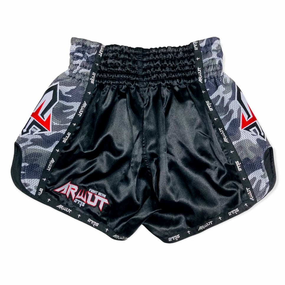 Black and gray Thai shorts with branding on a white background