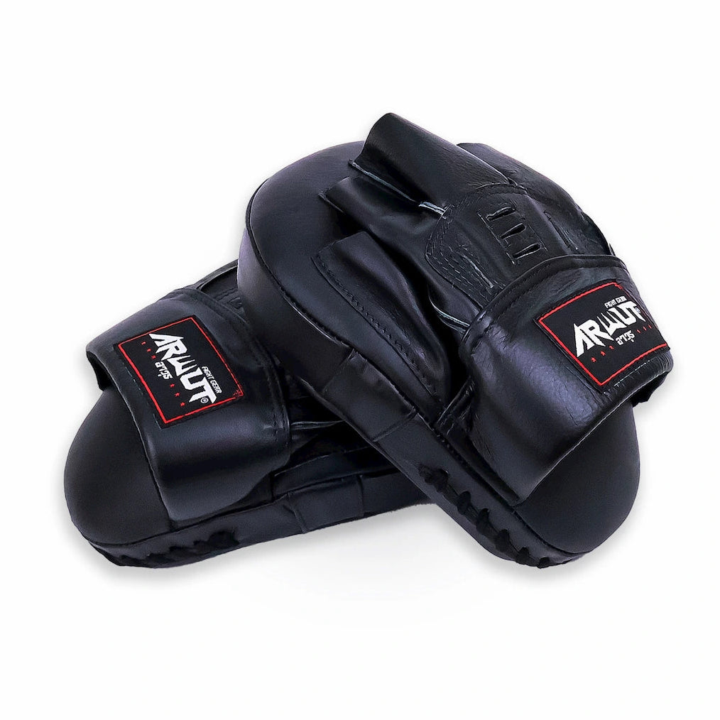 Pair of black martial arts mitts with Arwut logo on a white background