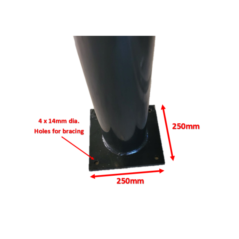 Black metal pipe with measurements and bracing holes indicated on a white background