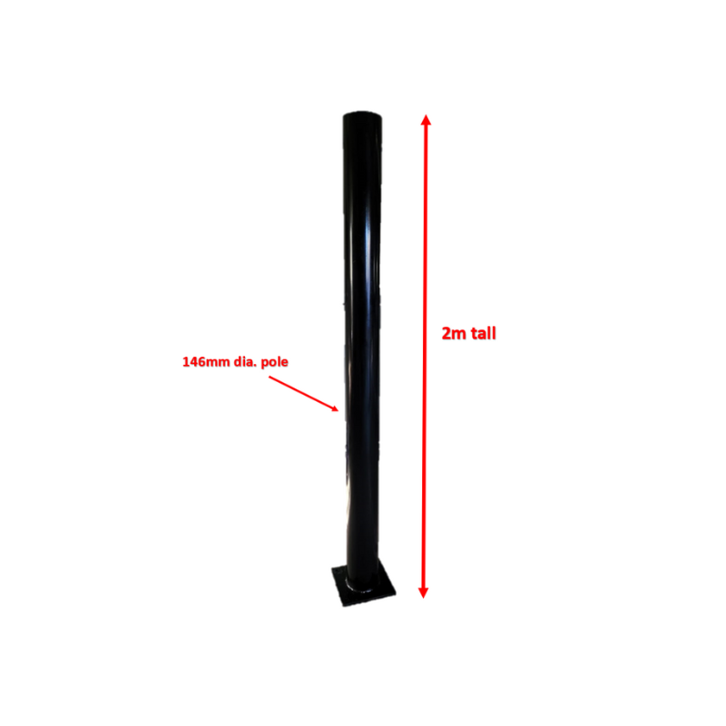 Black metal pole with measurements on a white background