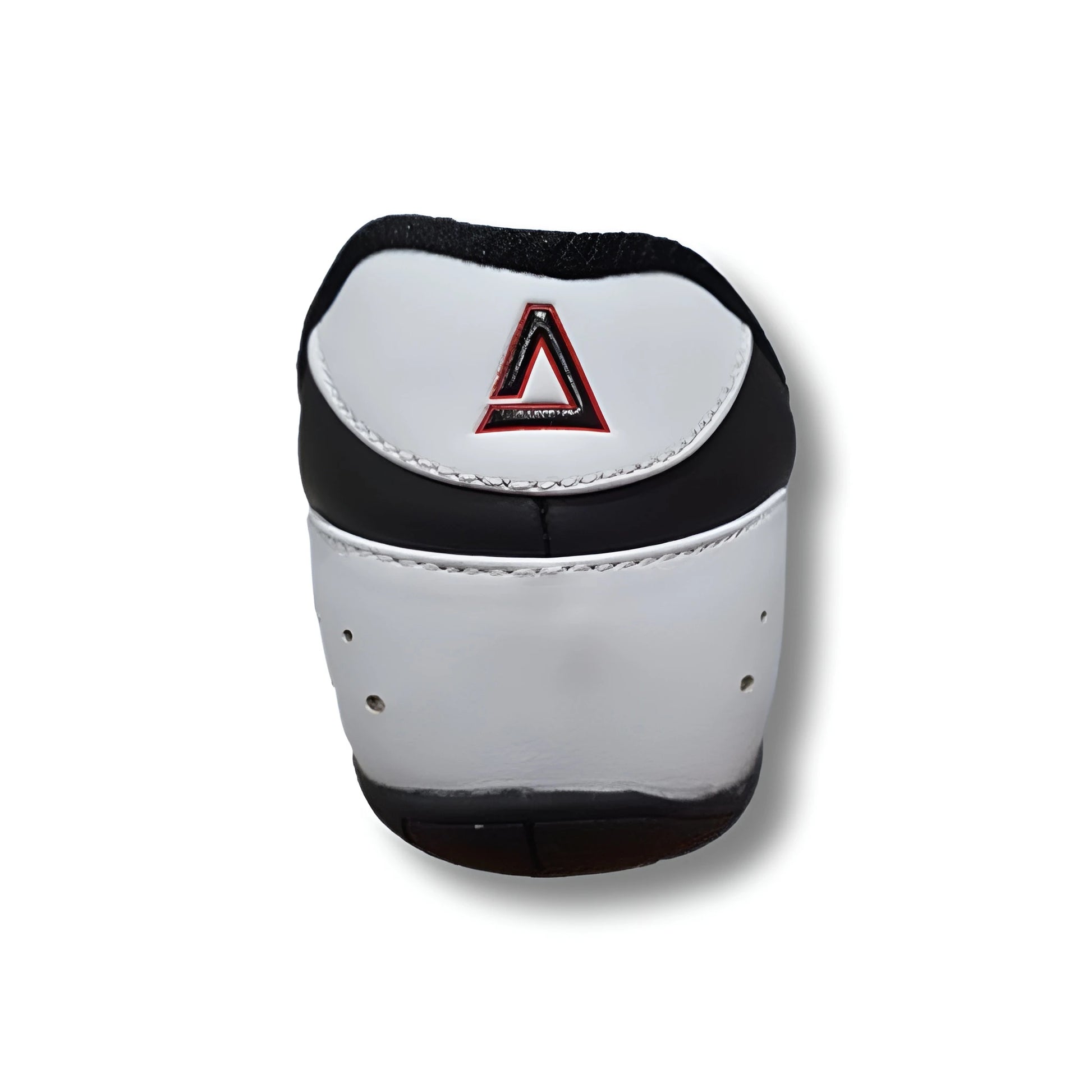 White and black martial arts shoe with a red and black logo on a white background
