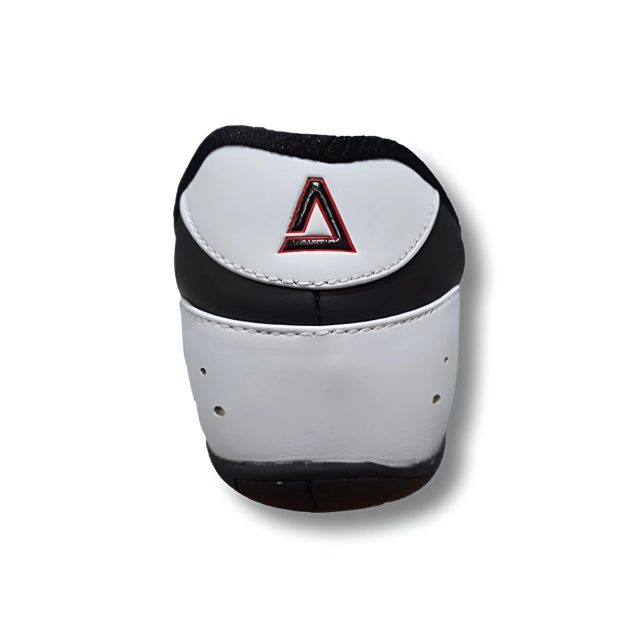 White and black martial arts shoe with a red and black logo on a white background