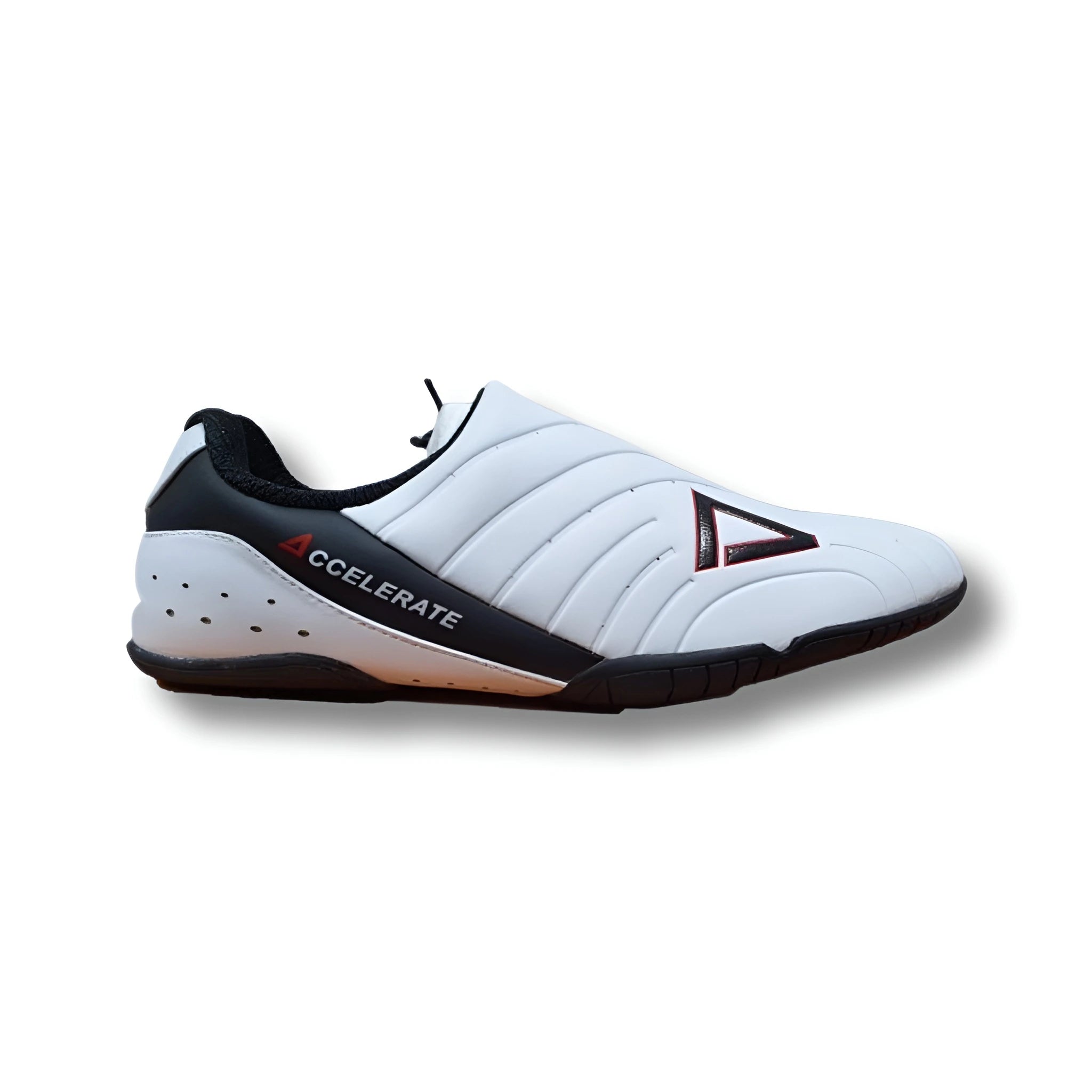 White martial arts shoe with black accents on a white background