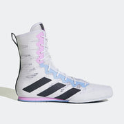 White, lilac and light blue boxing boot with black stripes on a white background