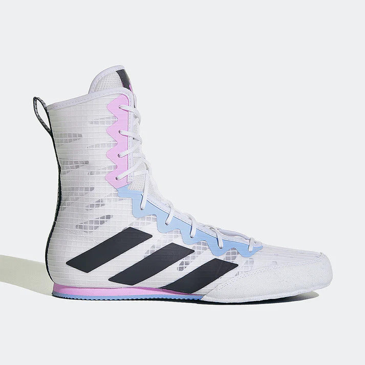 White, lilac and light blue boxing boot with black stripes on a white background