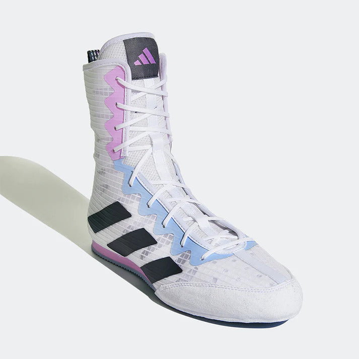 White, lilac and light blue boxing boot with black stripes on a white background