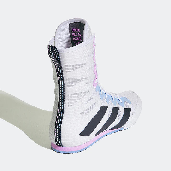White, lilac and light blue boxing boot with black stripes on a white background