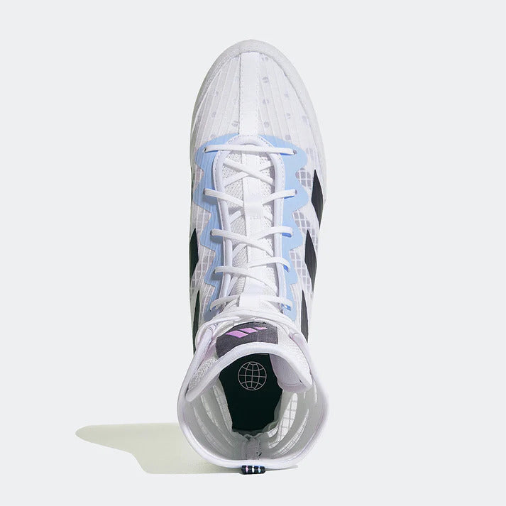 White, lilac and light blue boxing boot with black stripes on a white background