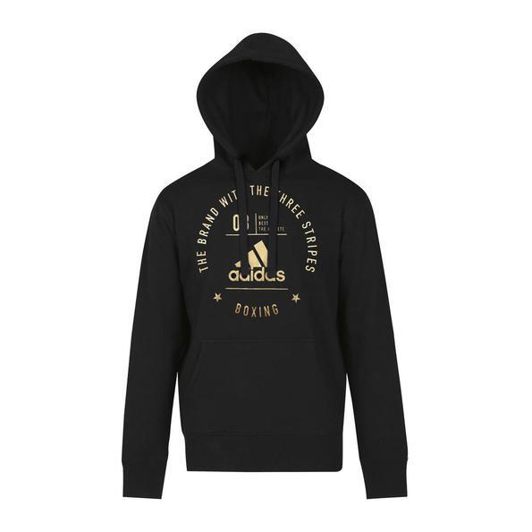 Black hoodie with Adidas logo and text on a white background