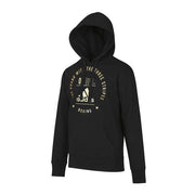 Black hoodie with white branding on a white background