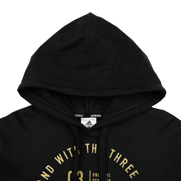 Black hoodie with gold text and Adidas logo on a white background