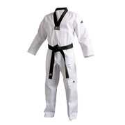 White martial arts uniform with black belt on a white background