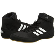 Black Adidas wrestling shoes with white stripes on a white background