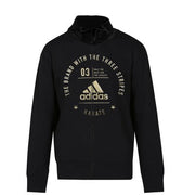 Black Adidas hoodie with branding on a white background