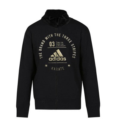 Black Adidas hoodie with branding on a white background