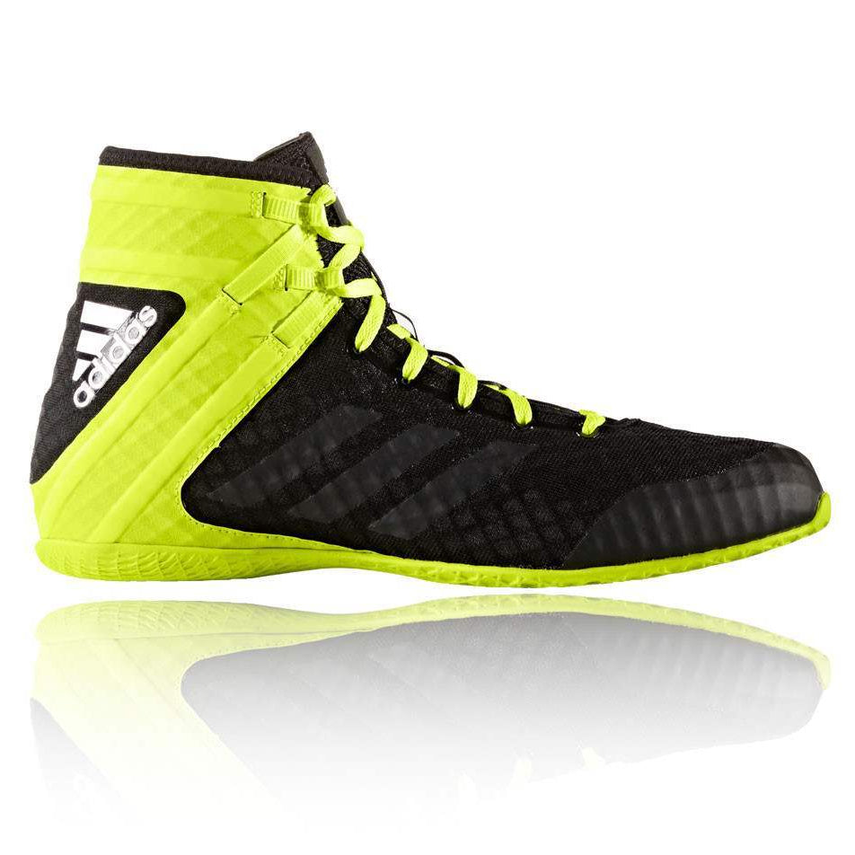 Black and yellow Adidas boxing shoe on a white background