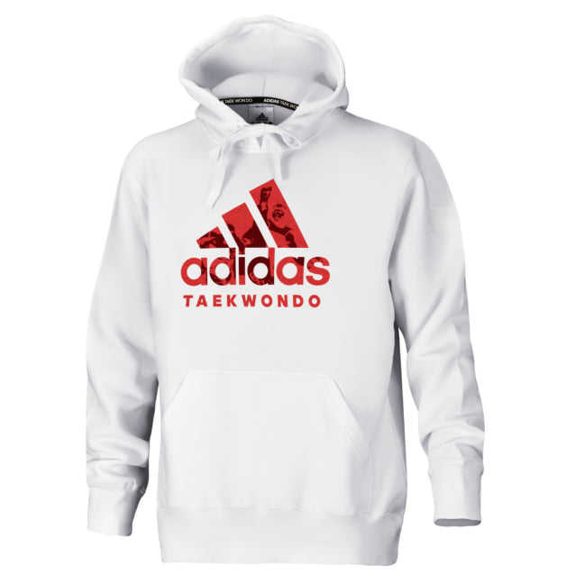White Adidas Taekwondo hoodie with red logo on a white background