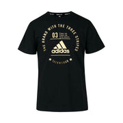 Black Adidas t-shirt with brand logo and text on a white background