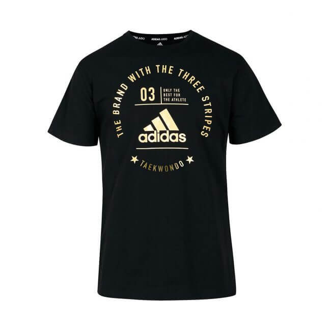 Black Adidas t-shirt with brand logo and text on a white background