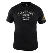 Black t-shirt with 'Taekwondo Speed Wins' text and Adidas logo on a white background