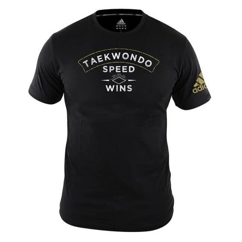 Black t-shirt with 'Taekwondo Speed Wins' text and Adidas logo on a white background