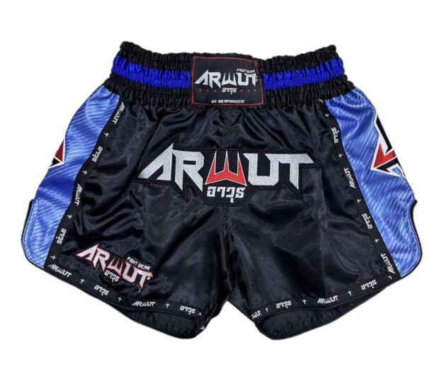 Black and blue thai boxing shorts with 'ARWUT' branding on a white background