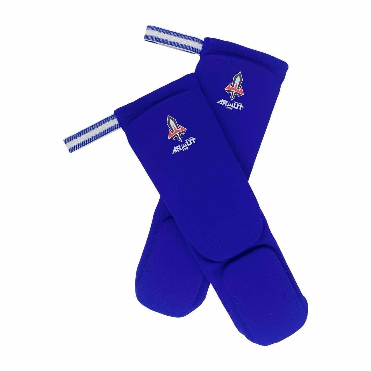 Blue shin pads with Arwut logo on a white background