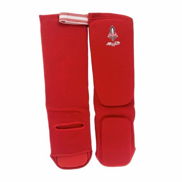 Red elastic shin guards with an Arwut brand logo on a white background