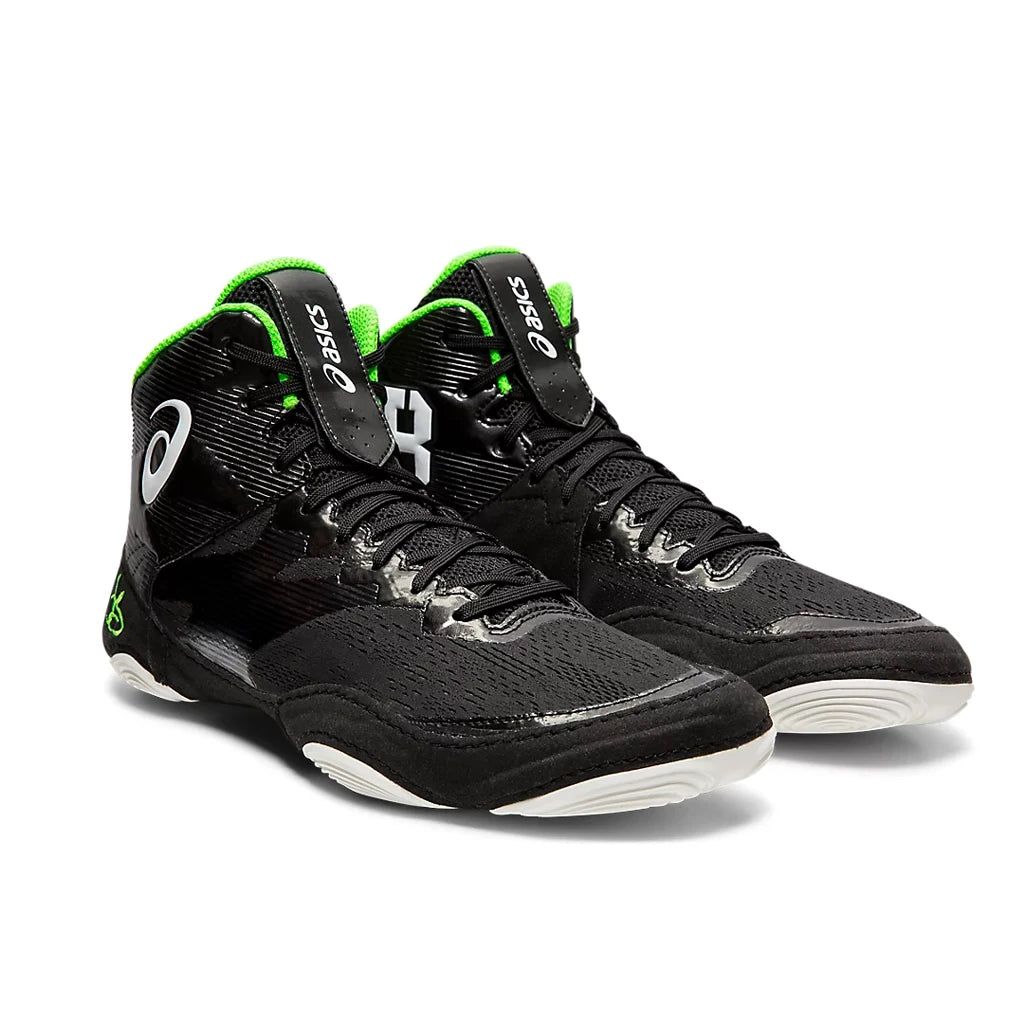 Black high-top wrestling sneakers with green accents on a white background