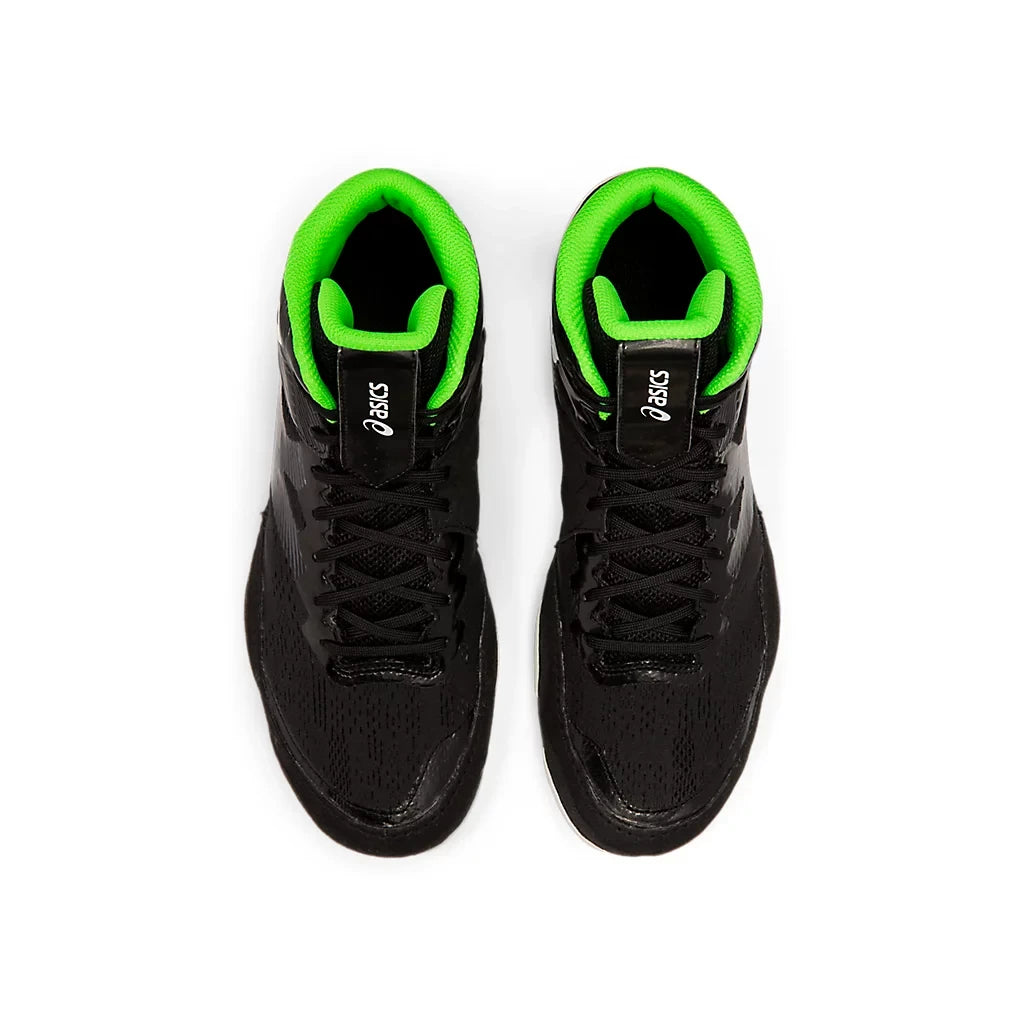 Black high-top wrestling sneakers with green accents on a white background