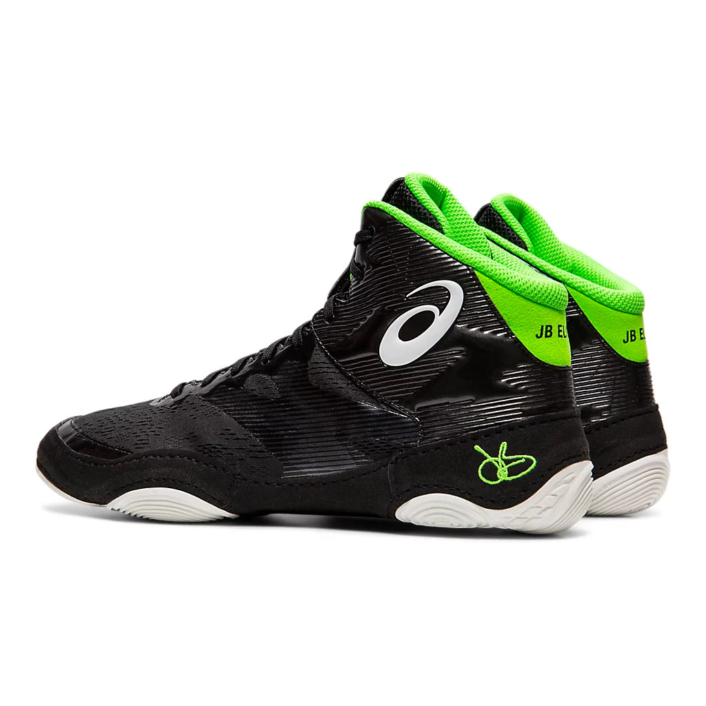 Black high-top wrestling sneakers with green accents on a white background