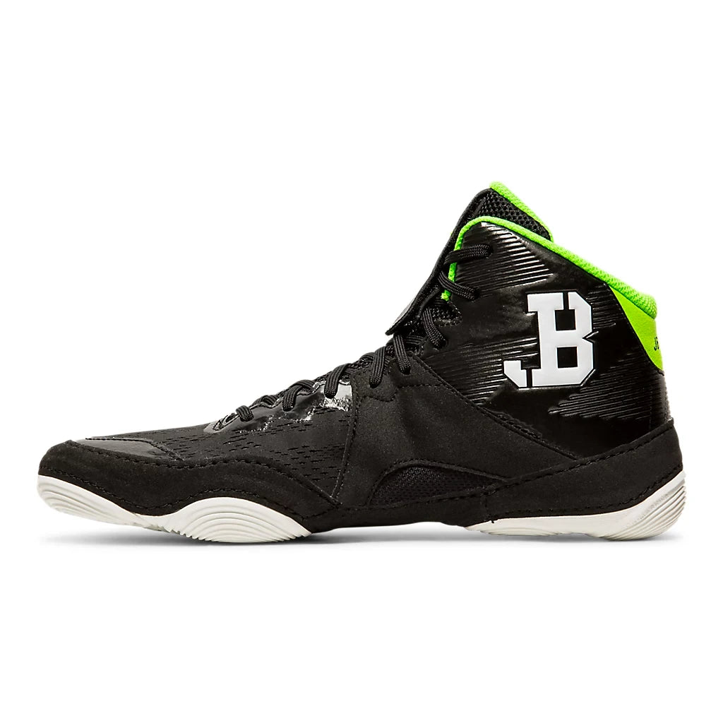 Black high-top wrestling sneaker with green accents and a white logo on a white background