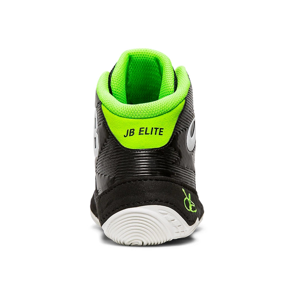 Black and green athletic wrestling shoe with 'JB Elite' branding on a white background