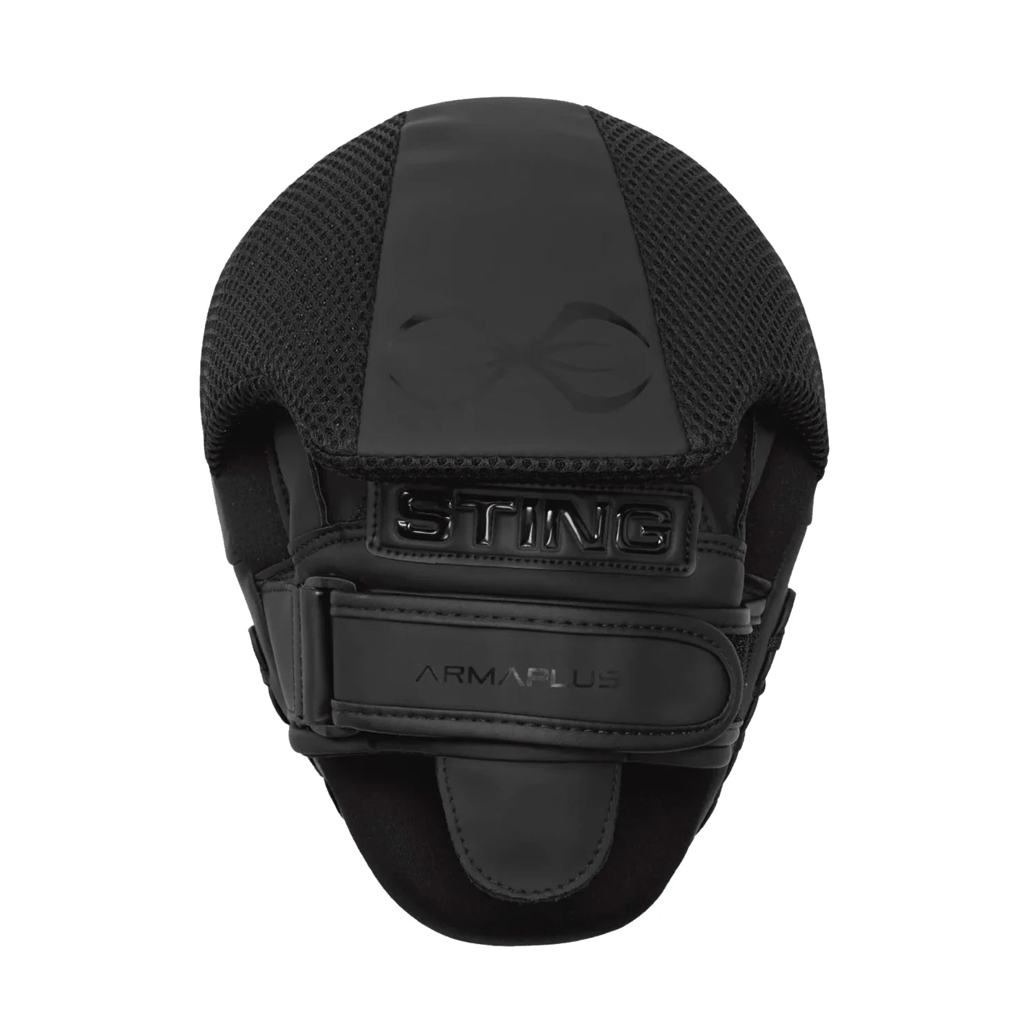 Black boxing focus mitt with 'Sting' branding on a white background