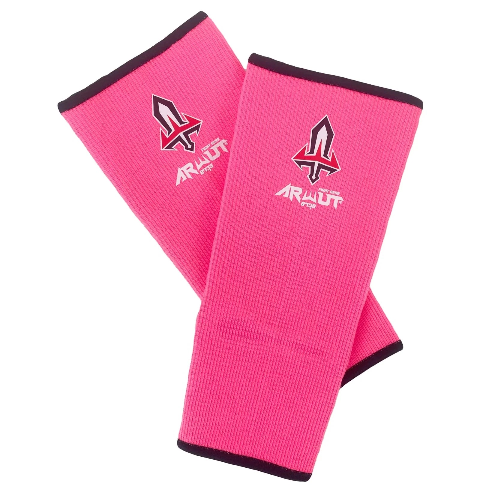 Pair of pink Aruwt anklets with a logo on a white background