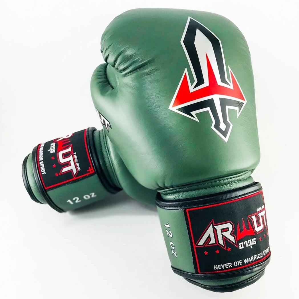 Army green Arwut boxing gloves with brand logo on a white background