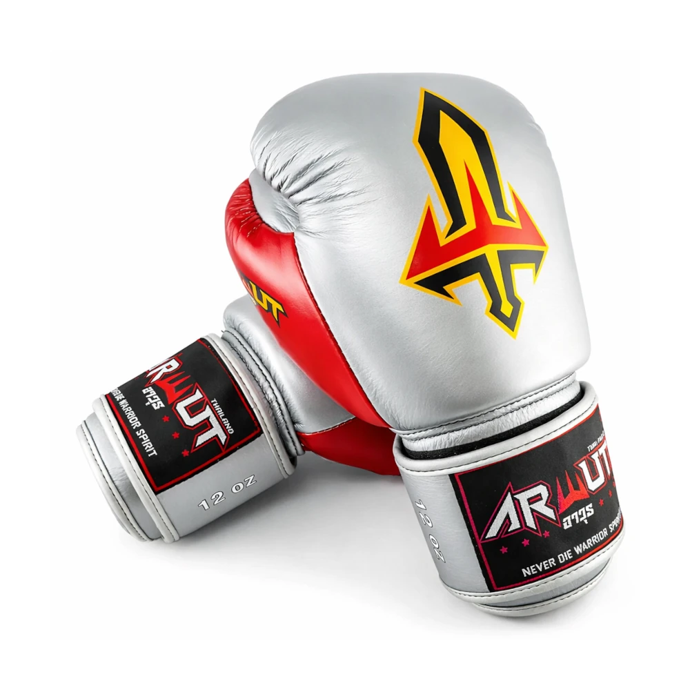 Pair of boxing gloves with a prominent logo on a white background