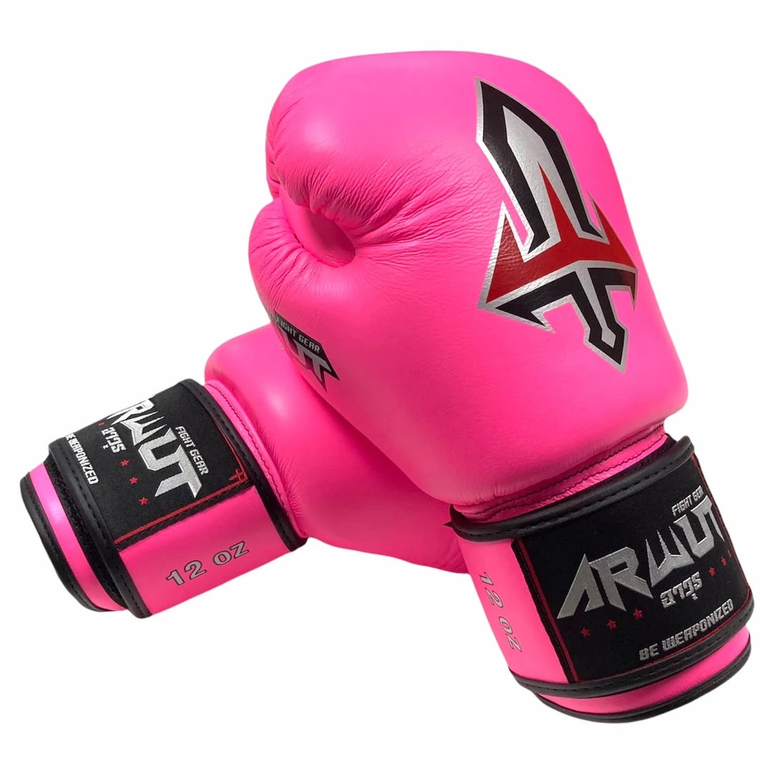 Pink Arwut boxing gloves with black accents and brand logo on a white background
