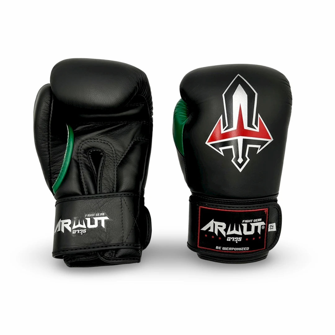 Black and green Arwut boxing gloves with a prominent logo on a white background