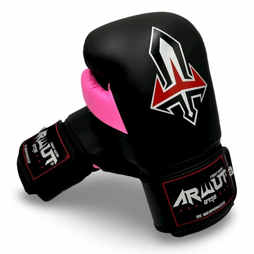 Black boxing glove with pink accents and a visible brand logo on a white background