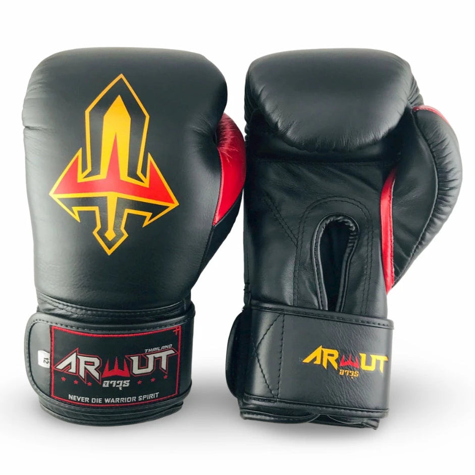 Black and red Arwut boxing gloves with red accents and a prominent logo on a white background