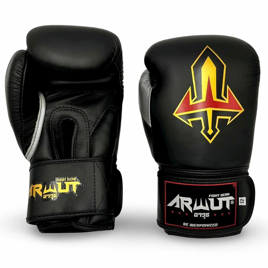 Black and silver boxing gloves with a logo and brand name on a white background