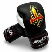 Black and white boxing glove with a red and yellow logo on a white background